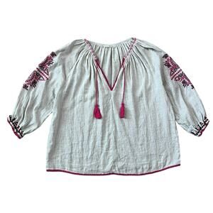 Ulla Johnson Ada Top Embroidered Tassel Linen Blouse Top Size 2